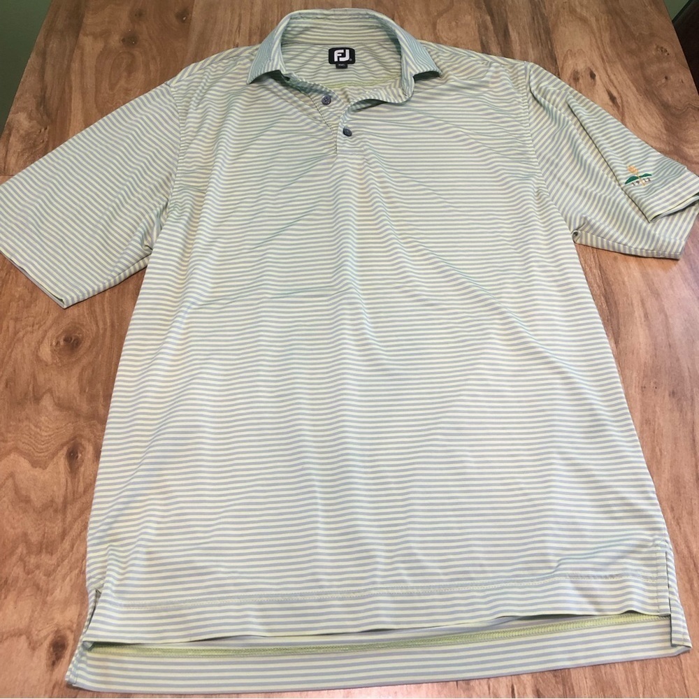 3/$25 FootJoy Short Sleeve Golf Shirt Polo Medium Green Blue Stripes 1912 Patch